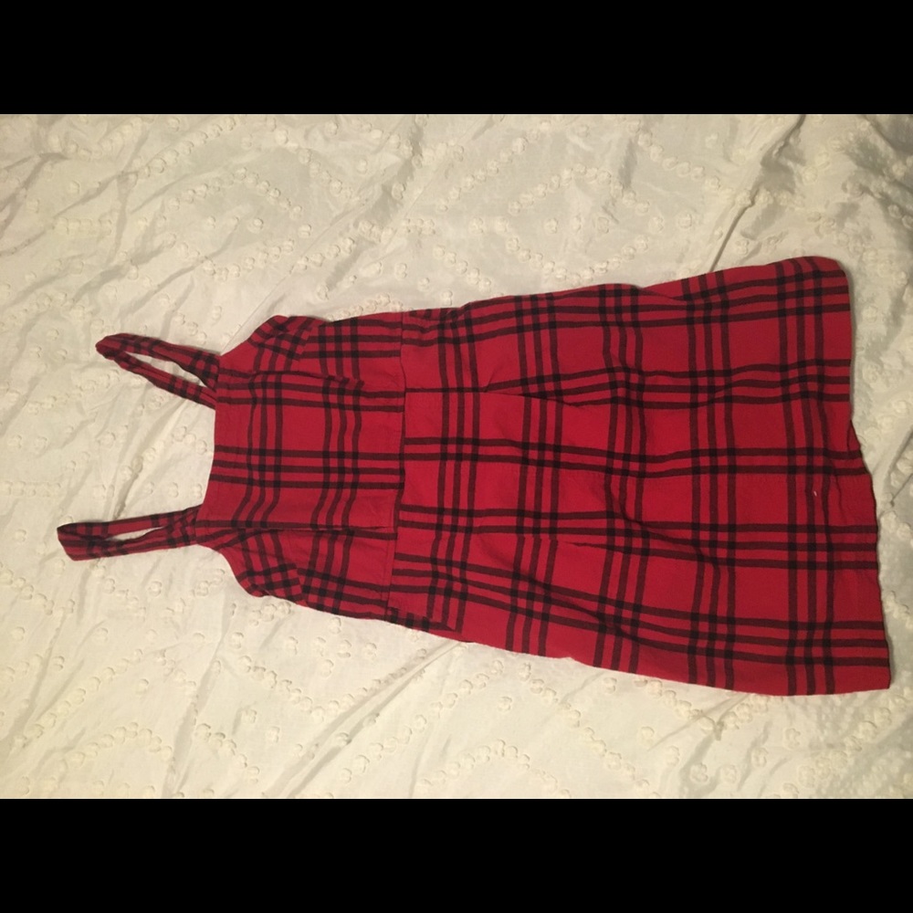 Red and black checkered dress.